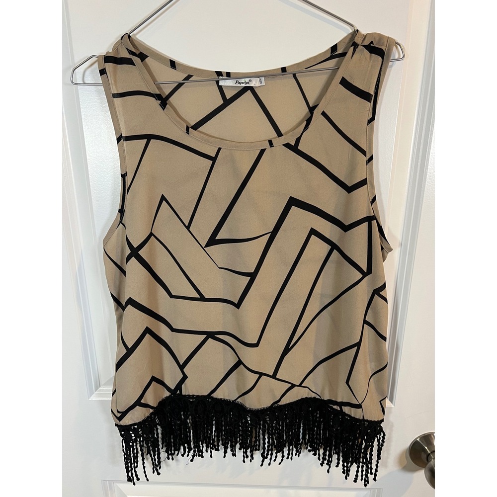Papaya Womens Tank Top Geometric Fringe Tan Size M